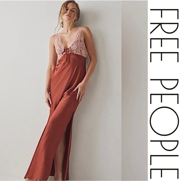 Free People Dresses & Skirts - NWT Free People Sparkling Cider Slip Dress L Terra Cotta Satin Lace Maxi